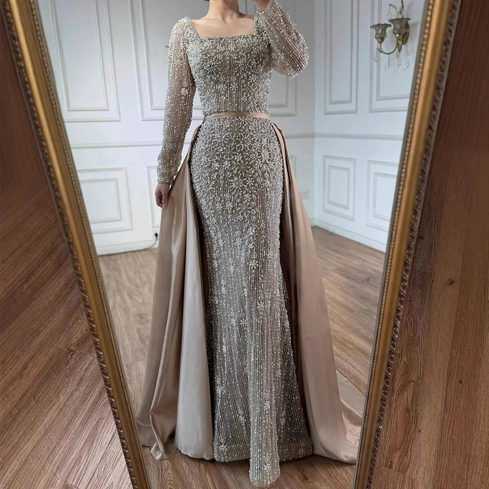 Luxury Dubai Arabic Muslim Caramel Mermaid Beaded Evening Gown with Overskirt LA72533A - SERENE HILL