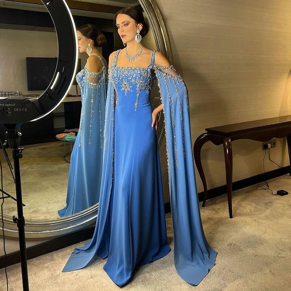 Chic Blue Crystal Evening Dress with Cape Sleeves LA72460 - SERENE HILL