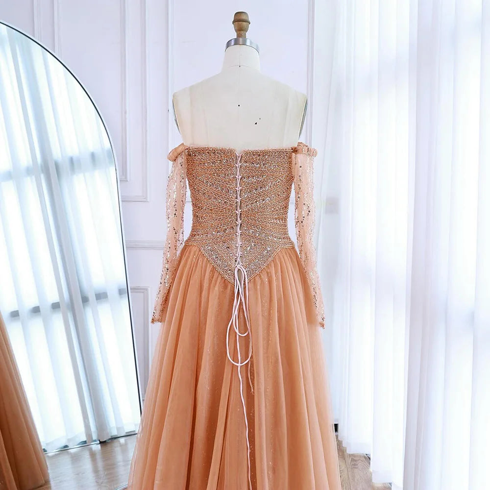 Luxury Nude Off Shoulder A-Line Beaded Evening Dress LA73038 - SERENE HILL