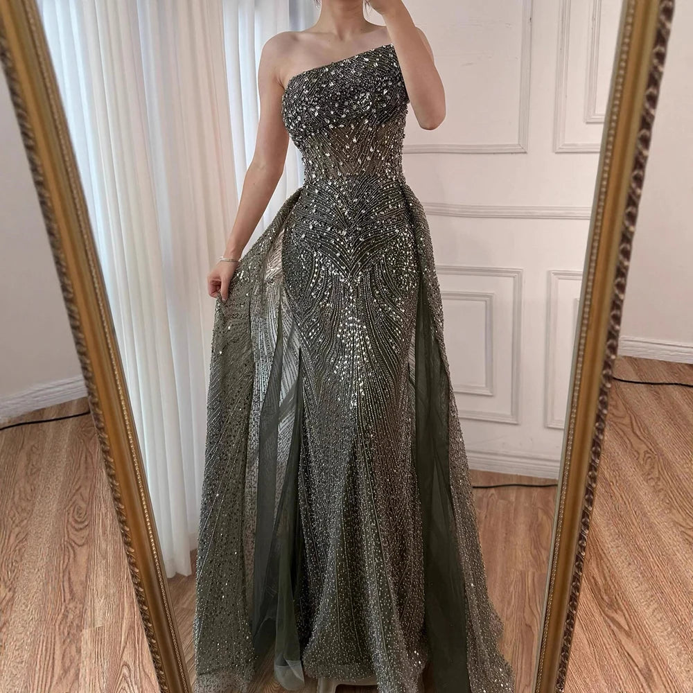 Luxury Olive Green Beaded Mermaid Evening Dress with Overskirt LA73164 - SERENE HILL