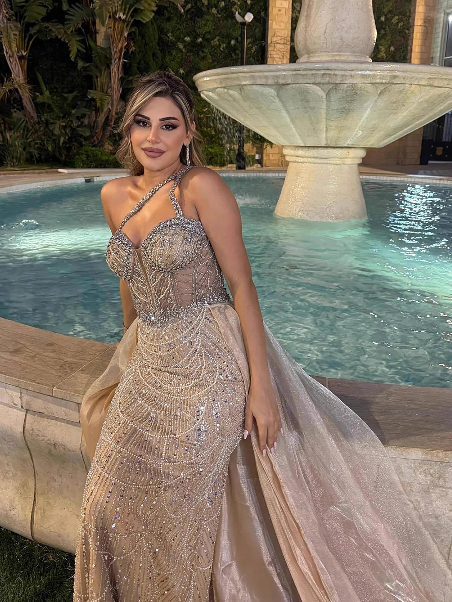 Luxury Nude One Shoulder Beaded Mermaid Evening Dress LA73358 - SERENE HILL