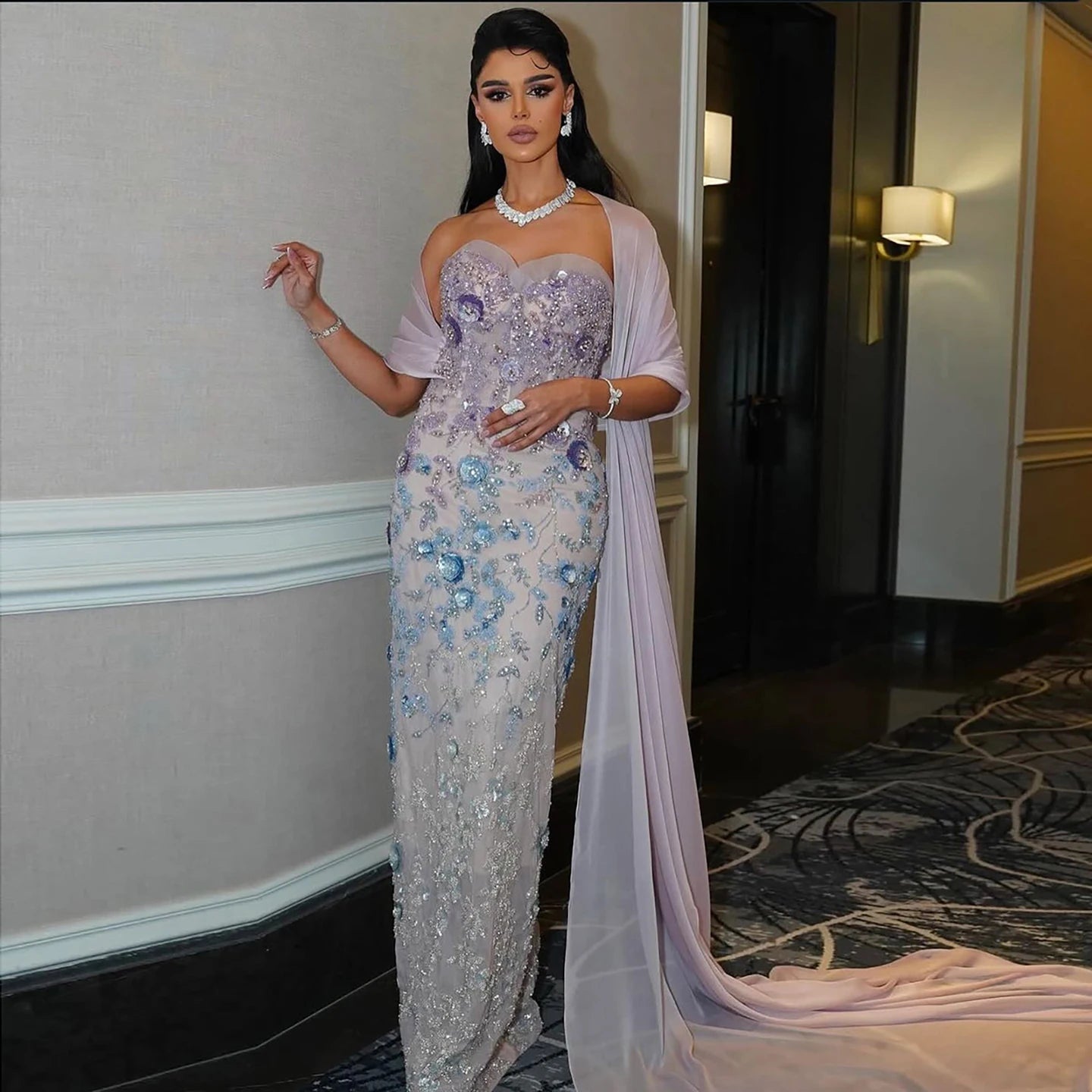 Luxury Lilac 3D Flower Evening Dress with Cape LA73345 - SERENE HILL