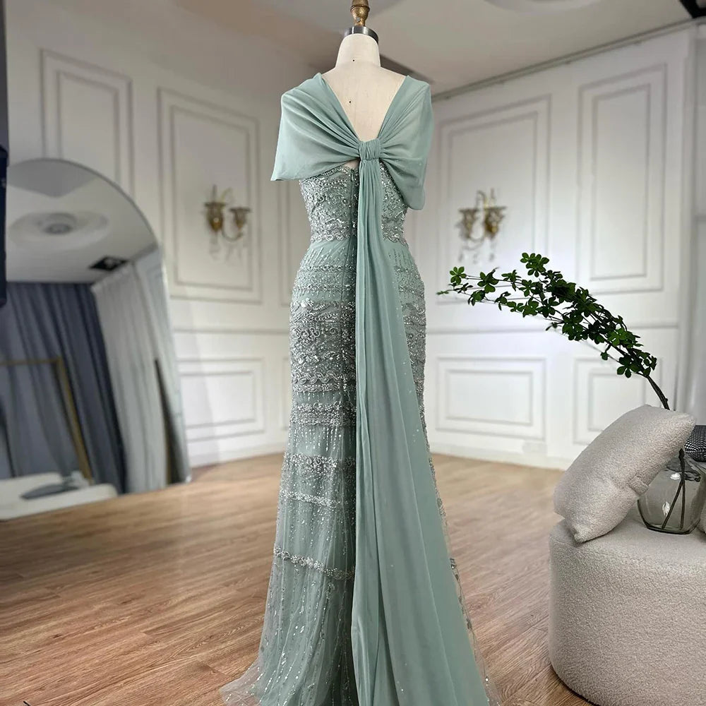 Luxury Sage Green Beaded Evening Dress with Cape LA72126B - SERENE HILL