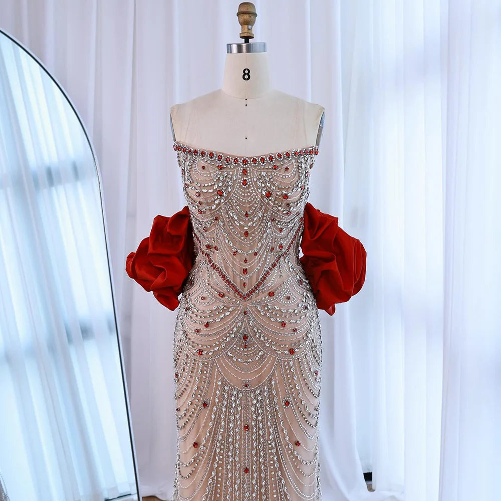 Luxury Beaded Evening Dress Puff Sleeves Pearl Adorned LA72903 - SERENE HILL