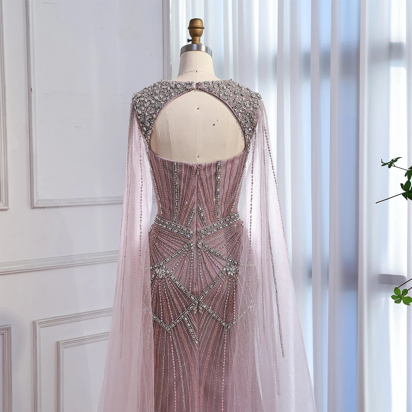Luxury Dubai Pink Beaded Evening Dress With Cape LA73329 - SERENE HILL