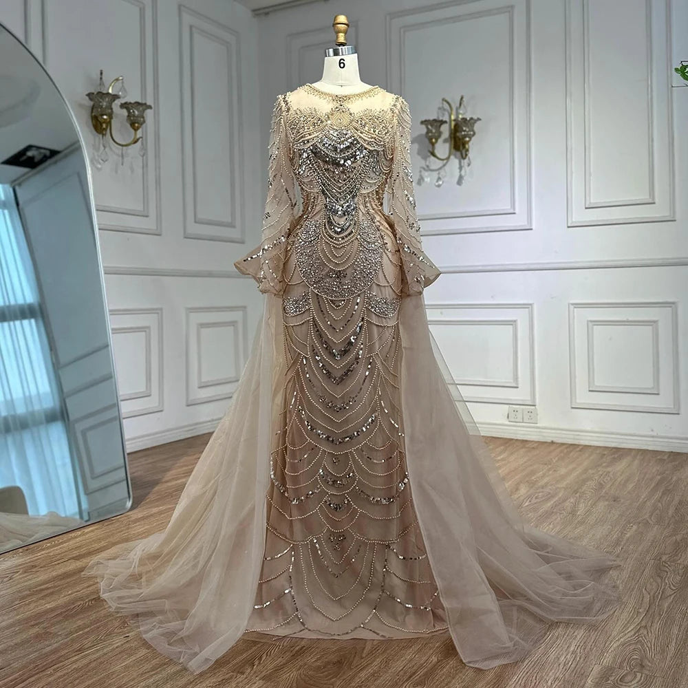 Luxury Arabic Nude Evening Dress Long Sleeve Overskirt LA72971 - SERENE HILL