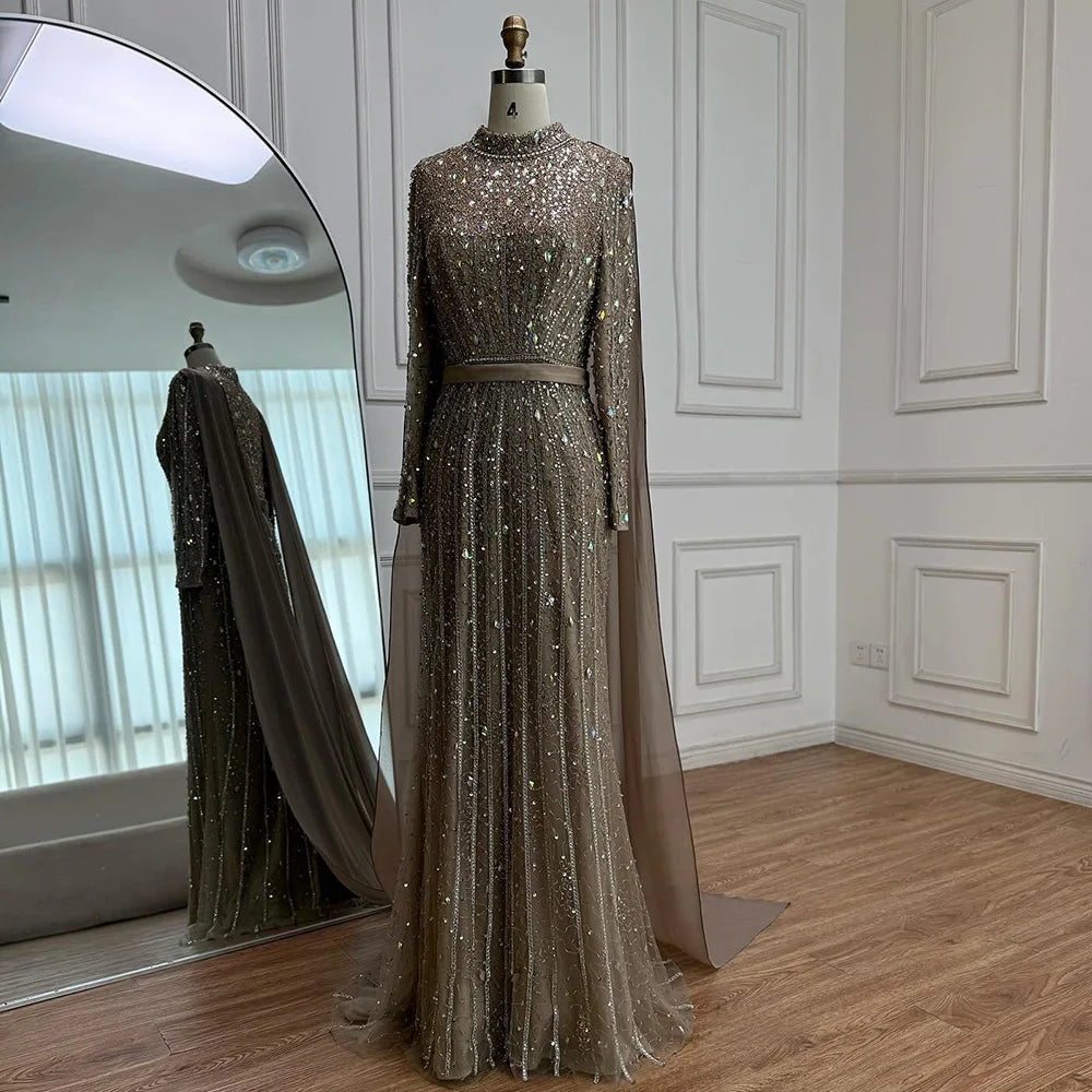Modest Luxury Caramel Beaded Long Sleeve Evening Dress LA72569A - SERENE HILL