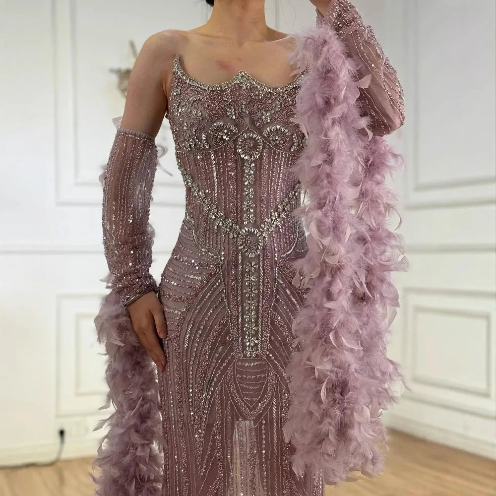Luxury Caramel Beaded Evening Dress with Feather Sleeves LA73055 - SERENE HILL