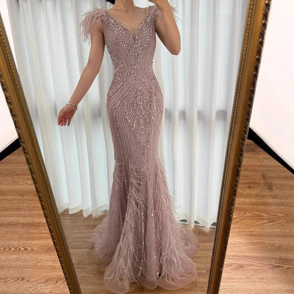 Luxury Designer Pink Feather Beaded Mermaid Evening Dress LA73098 - SERENE HILL