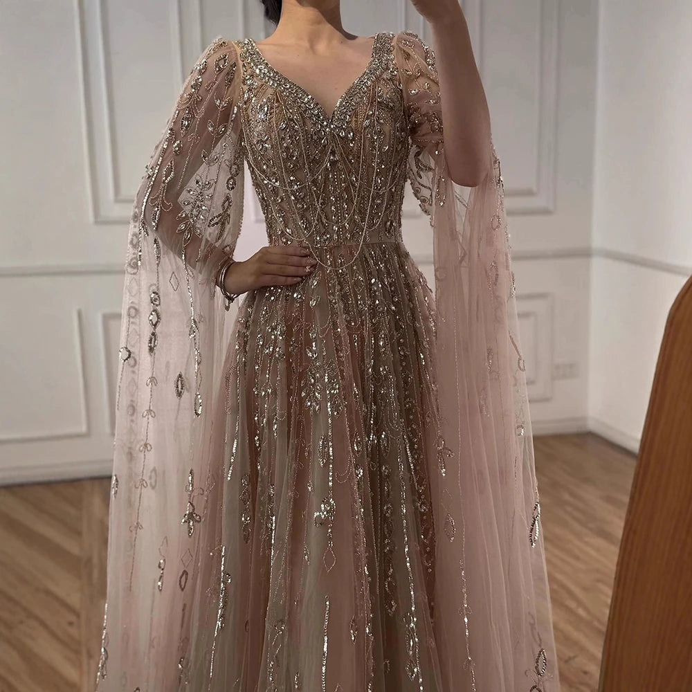 Luxury Nude Beaded Evening Dress with Cape Sleeves for Formal Occasion LA72764A - SERENE HILL