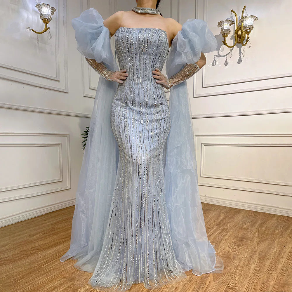 Luxury Dubai Arabic Blue Mermaid Balloon Sleeves Beaded Evening Dresses LA71823 - SERENE HILL
