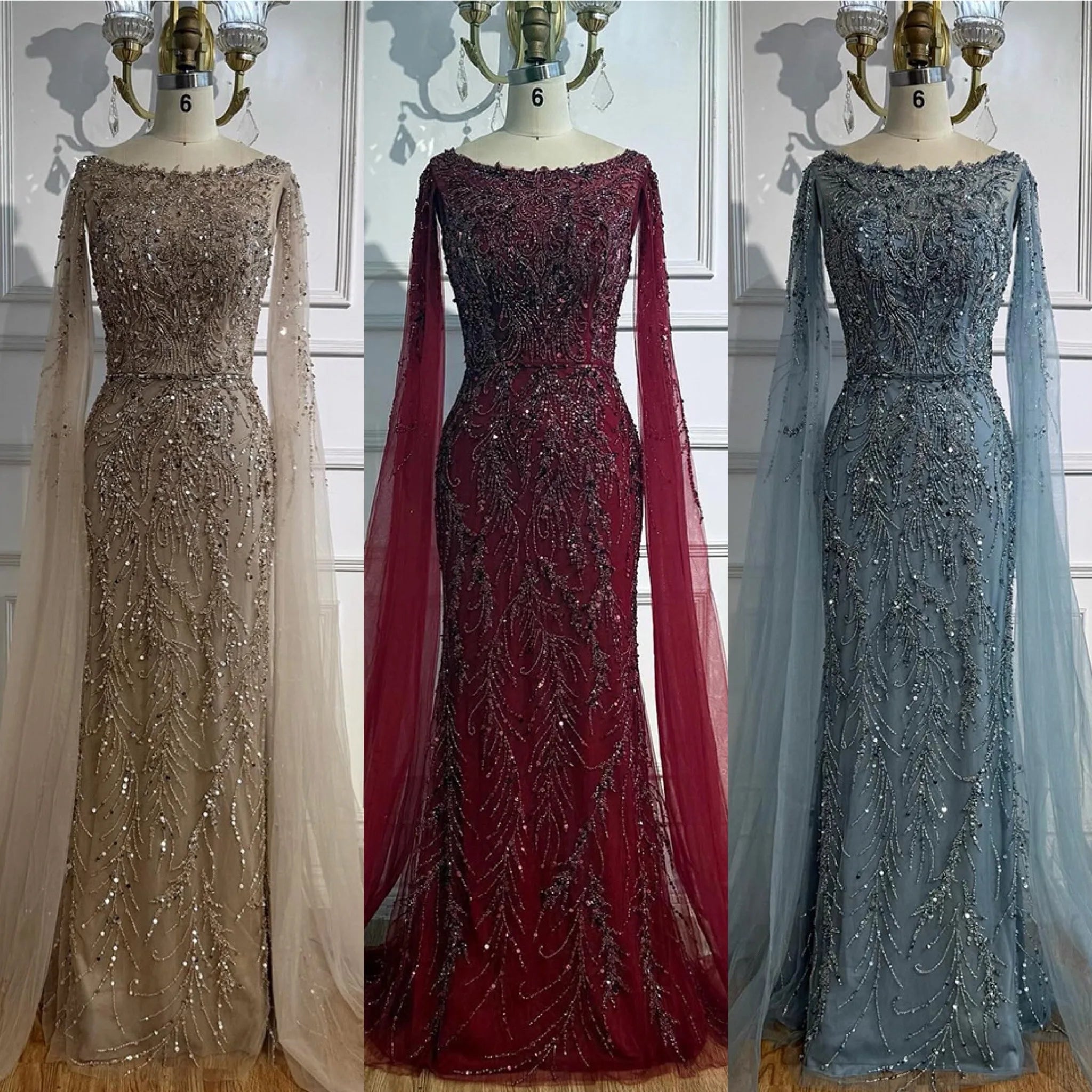 Luxury Caramel Beaded Evening Dress with Cape Sleeves LA73078 - SERENE HILL