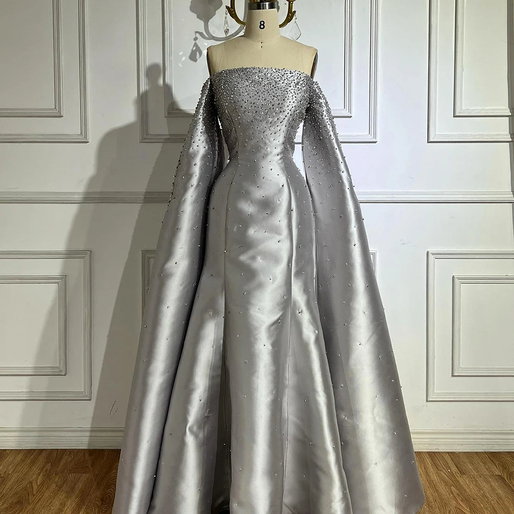 Luxury Dubai Luxury Off Shoulder A Line Gray Satin Evening Gown Pearl Beaded for Formal Occasion LA72779 - SERENE HILL