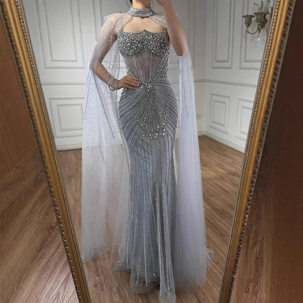 Luxury Turquoise Crystal Beaded Evening Dress with Cape LA73202 - SERENE HILL