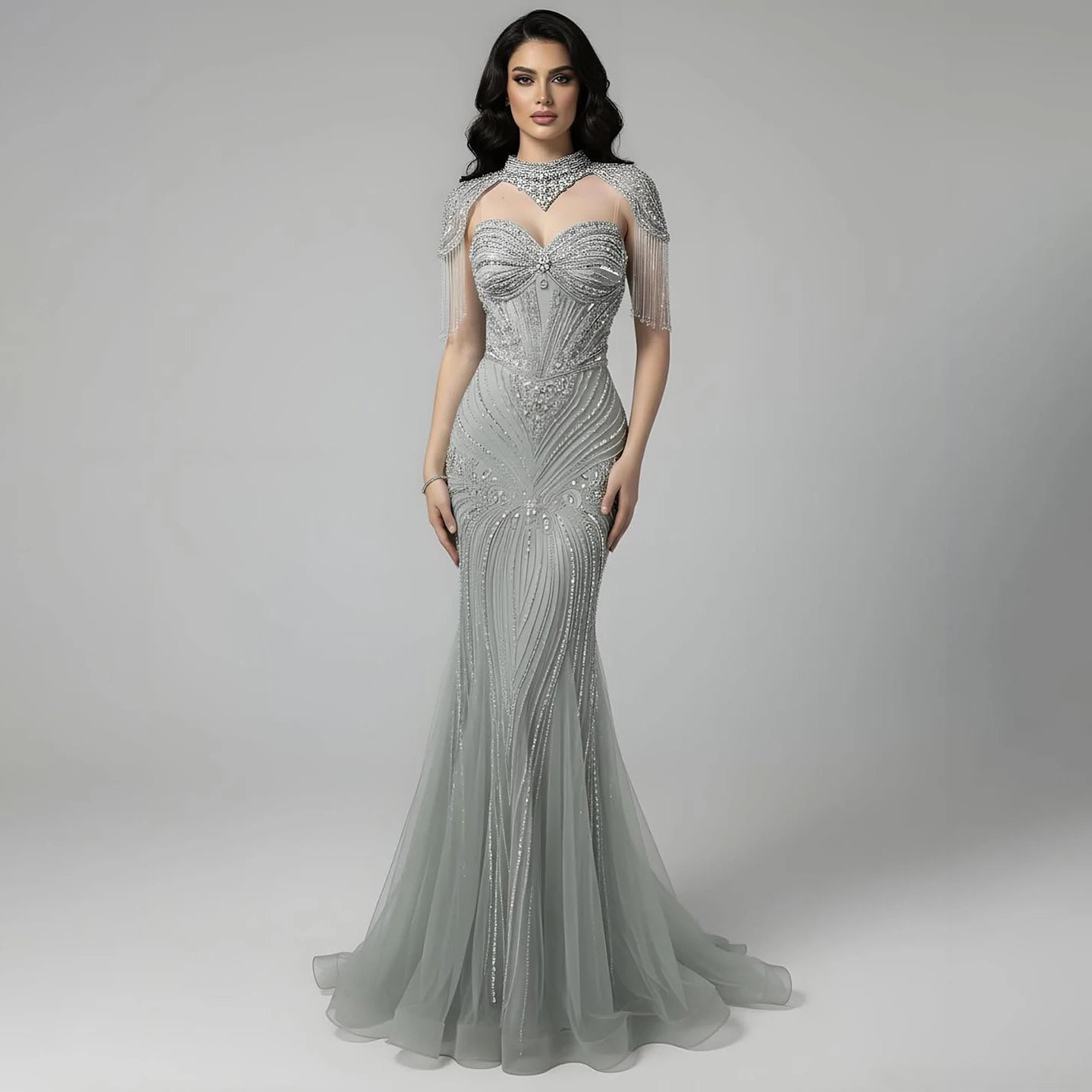 Luxury Nude Beaded High Neck Mermaid Evening Dress LA72897 - SERENE HILL