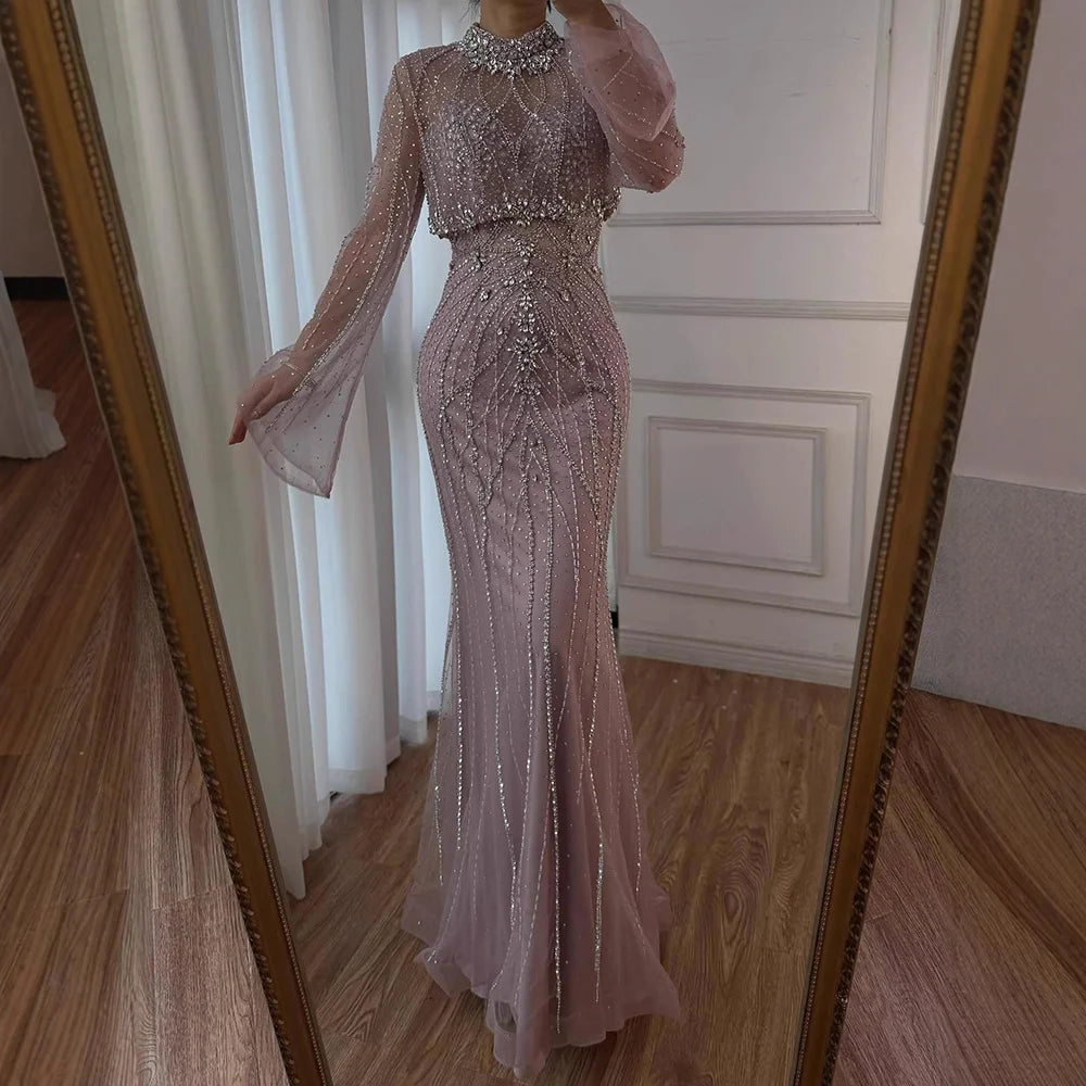 Luxury Turquoise Crystal Beaded Mermaid High Neck Long Sleeve Evening Dress LA73136 - SERENE HILL