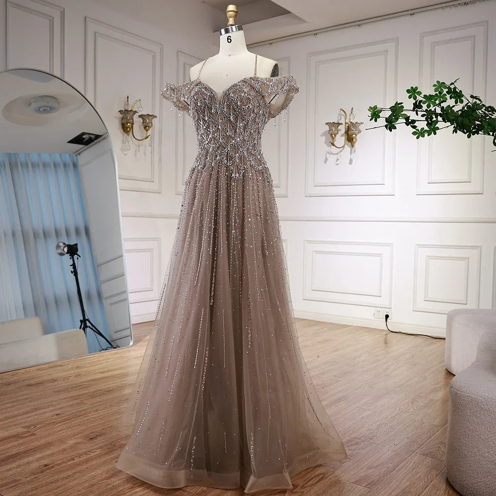 Luxury Arabic Caramel Off Shoulder Beaded A Line Evening Dress LA71606 - SERENE HILL
