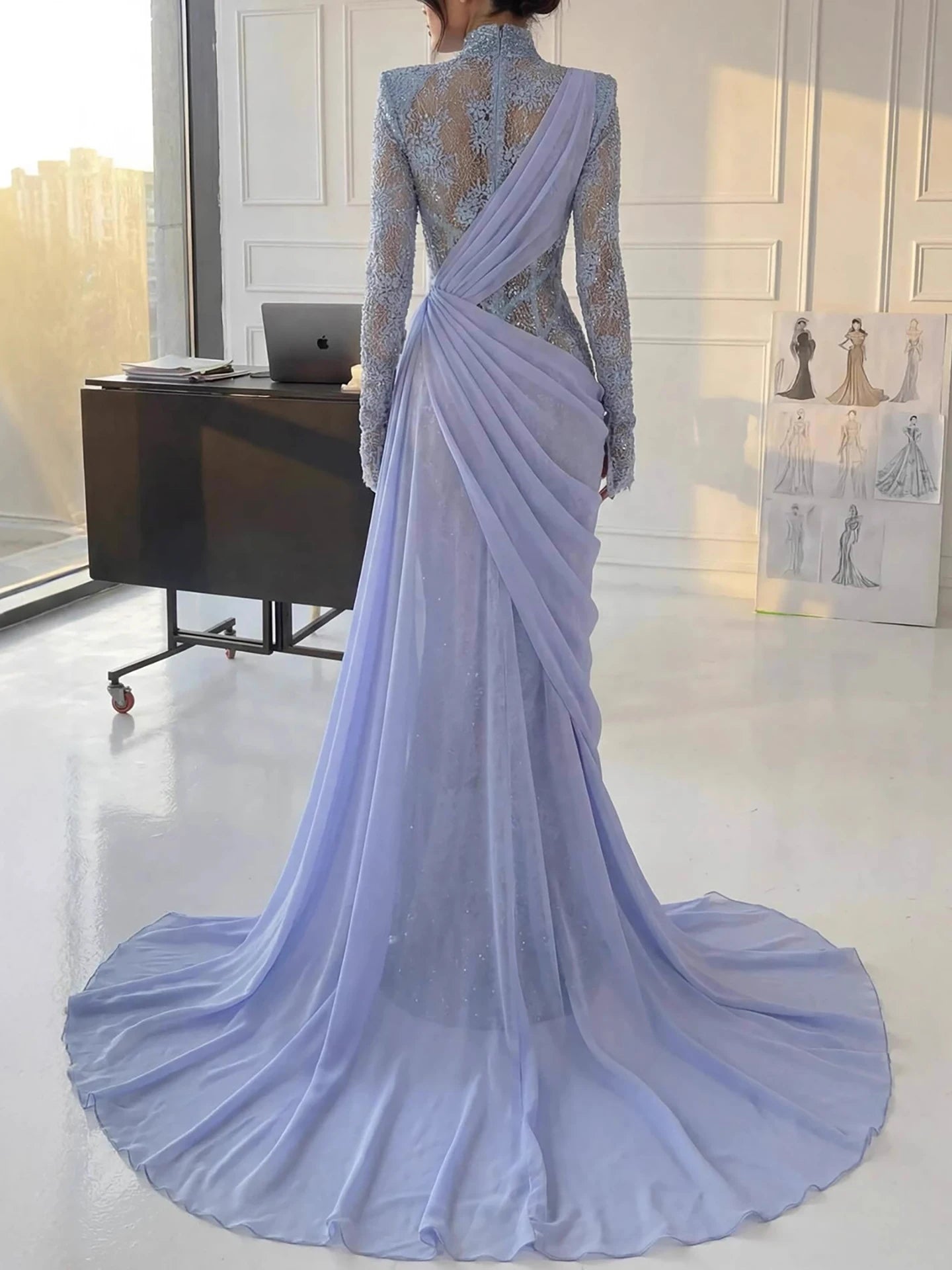 Luxury Blue High Neck Long Sleeves Beaded Mermaid Evening Dress LA73407 - SERENE HILL