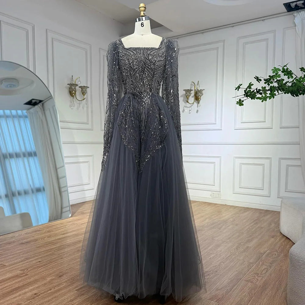 Luxury Gray A Line Beaded Evening Dress for Women LA73088 - SERENE HILL