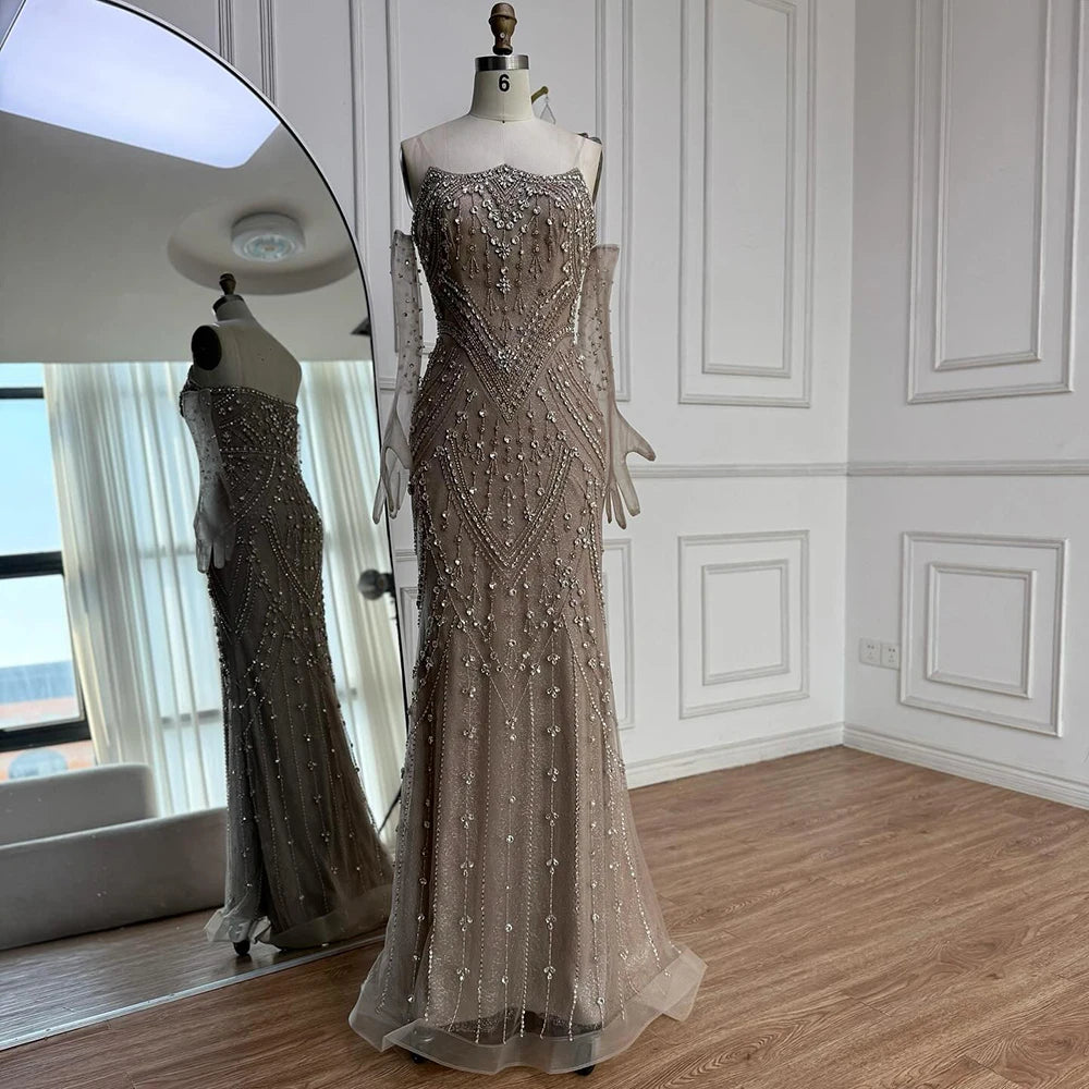 Luxury Caramel Crystal Beaded Mermaid Evening Gown with Gloves LA73186 - SERENE HILL
