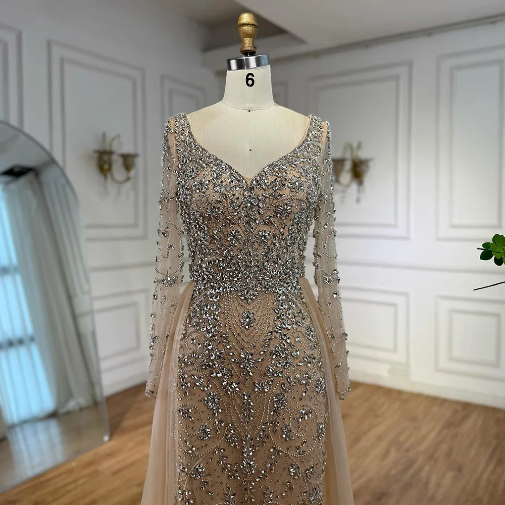 Luxury Nude Beaded Mermaid Evening Dress with Overskirt LA73042A - SERENE HILL