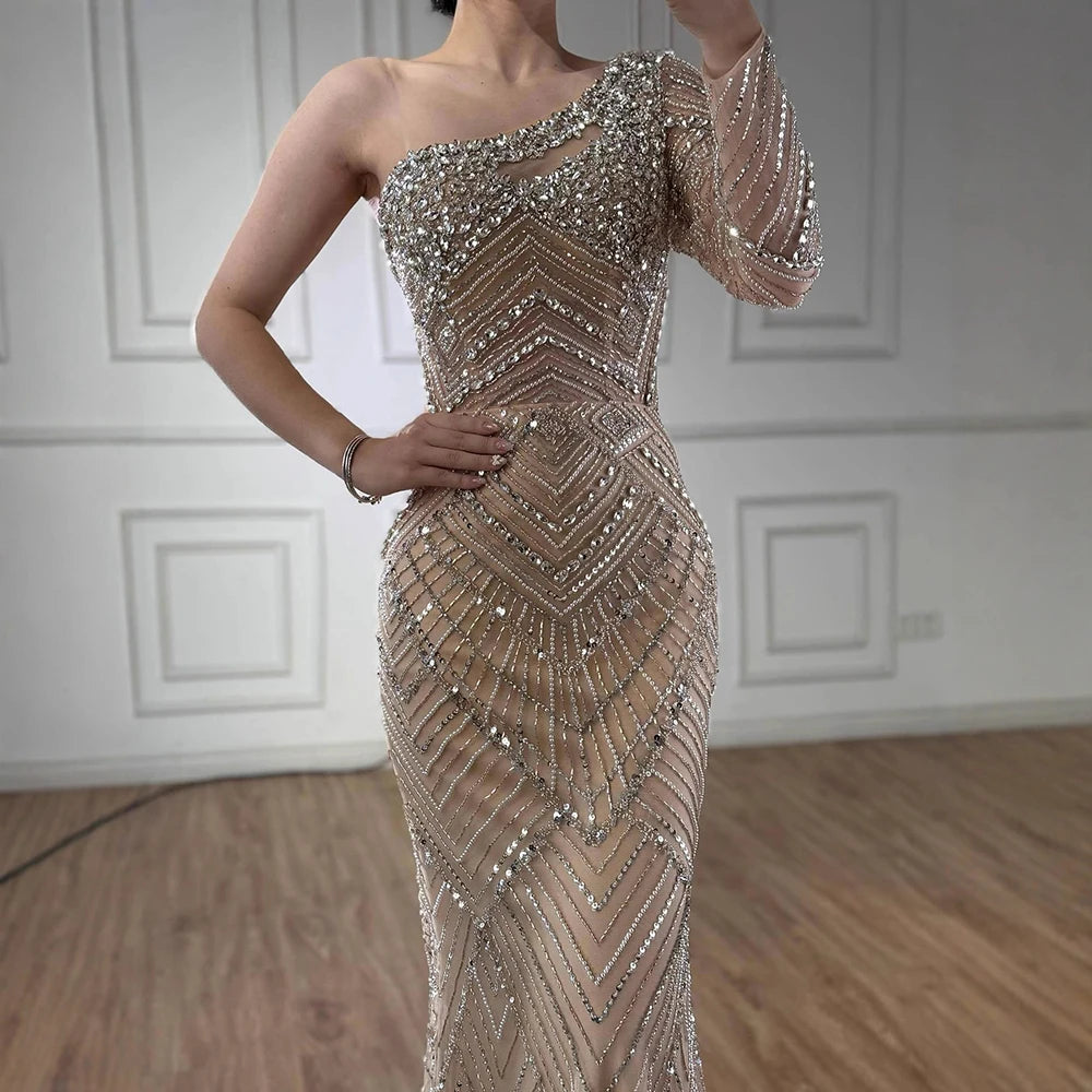 Luxury Nude One Shoulder Long Sleeve Beaded Evening Dress LA73180 - SERENE HILL