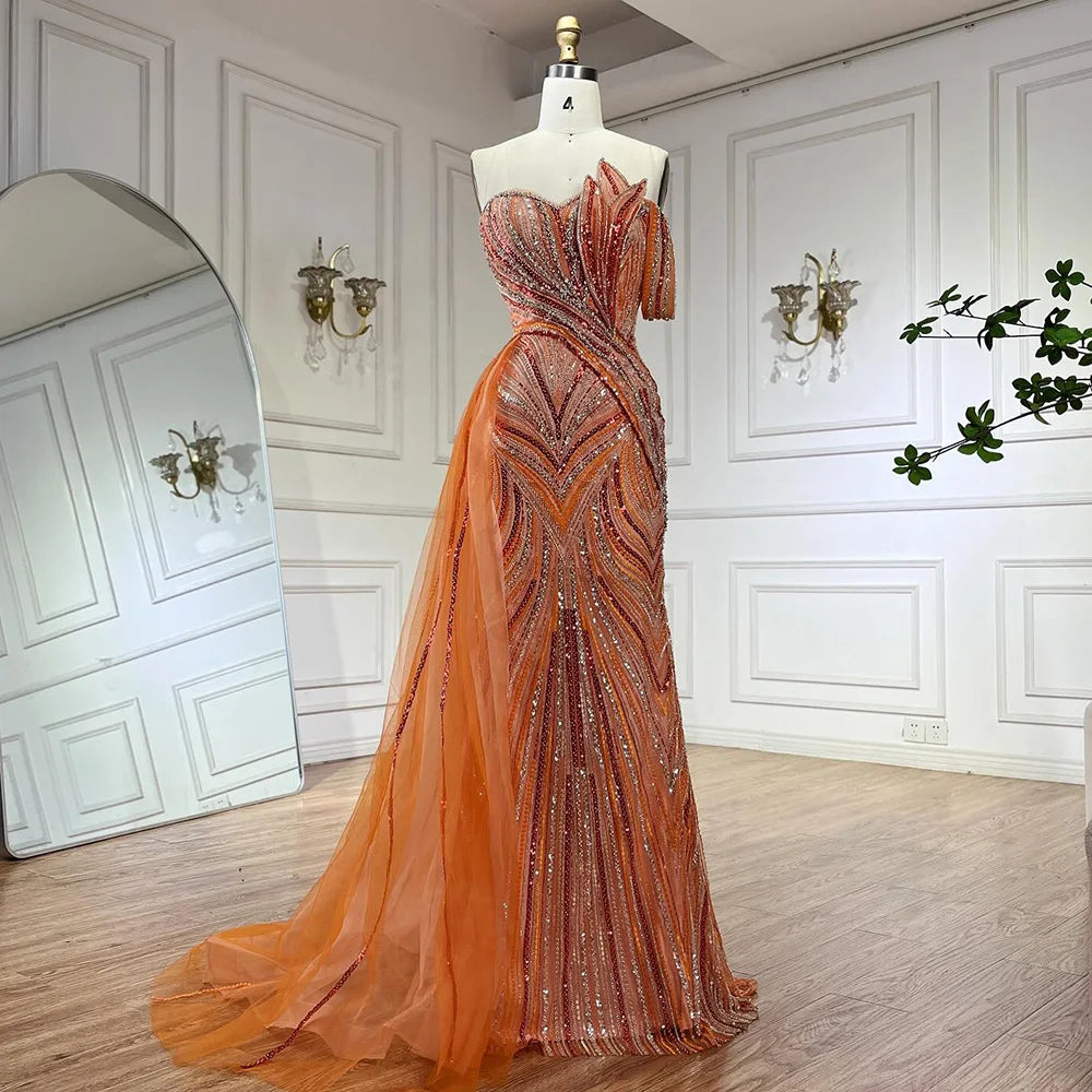 Luxury Dubai Arabic Blue One Shoulder Luxury Dubai Evening Gown with Side Overskirt Beaded Dress for Women&
