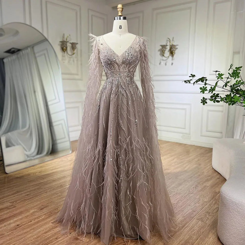 Nude Feathers A-line Evening Dress with Cape Sleeves LA72304 - SERENE HILL