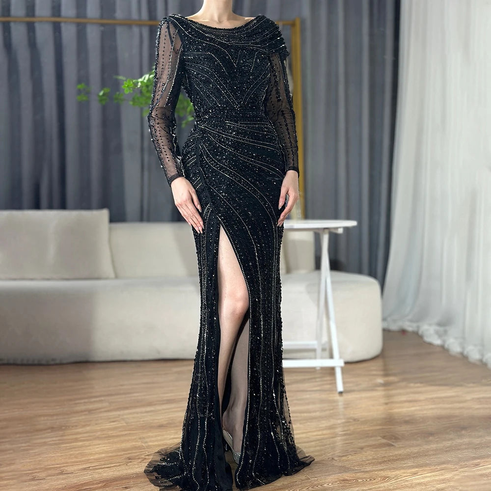 Serene Hill Silver Nude Mermaid Elegant High Spli Evening Dresses Gowns Luxury Beaded 2025 For Women Party LA70752L - SERENE HILL