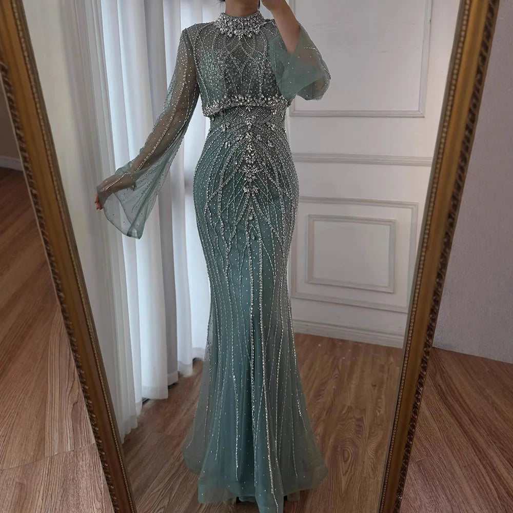 Luxury Turquoise Crystal Beaded Mermaid High Neck Long Sleeve Evening Dress LA73136 - SERENE HILL