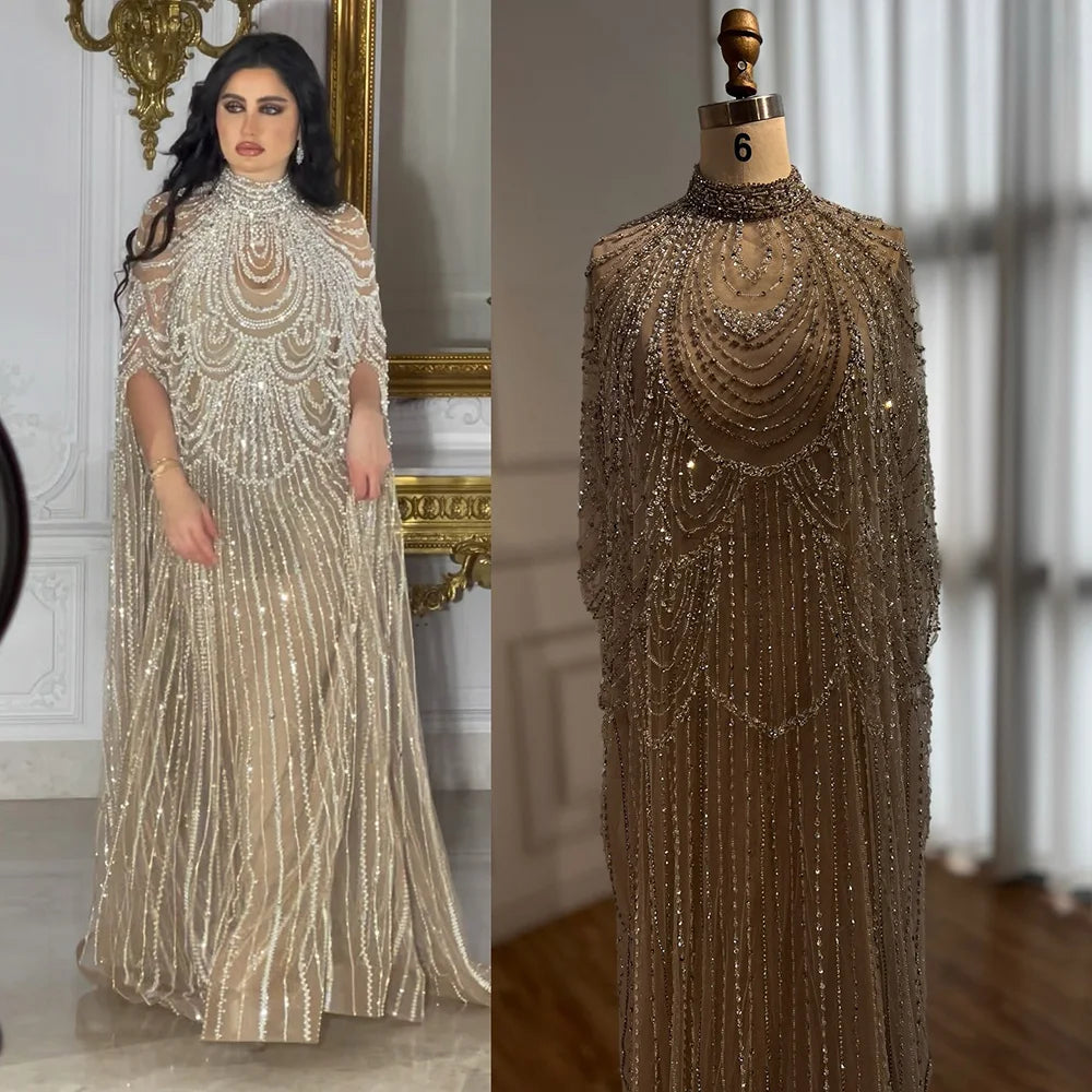 Luxury Silver Nude Beaded Mermaid Evening Dress with Cape LA72484A - SERENE HILL