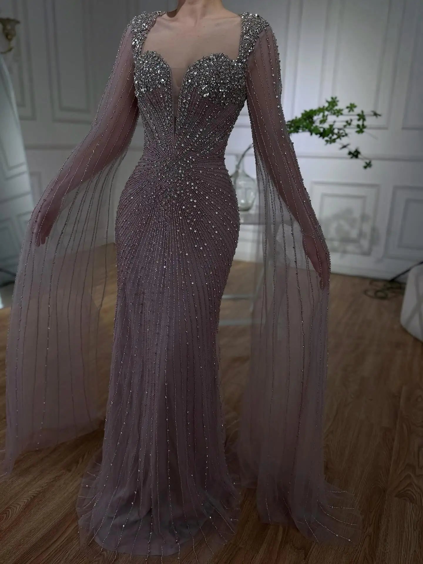 Luxury Caramel Crystal Beaded Mermaid Evening Dress with Cape LA72575D - SERENE HILL