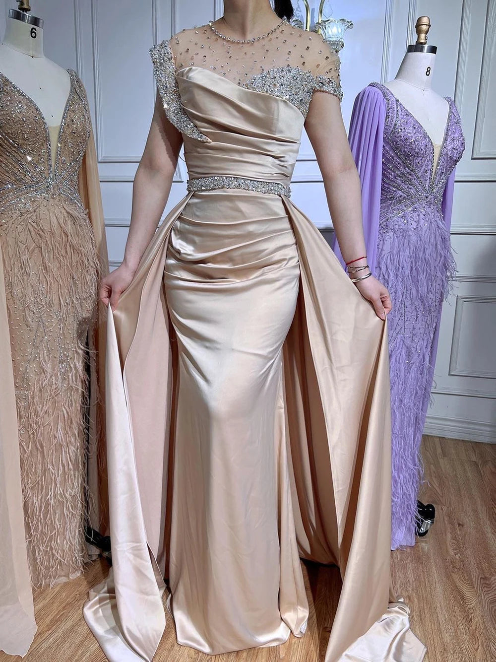 Serene Hill Arabic Nude Mermaid Elegant Satin With Overskirt Evening Dresses Gowns Luxury Beaded 2025 For Women Party LA71725 - SERENE HILL