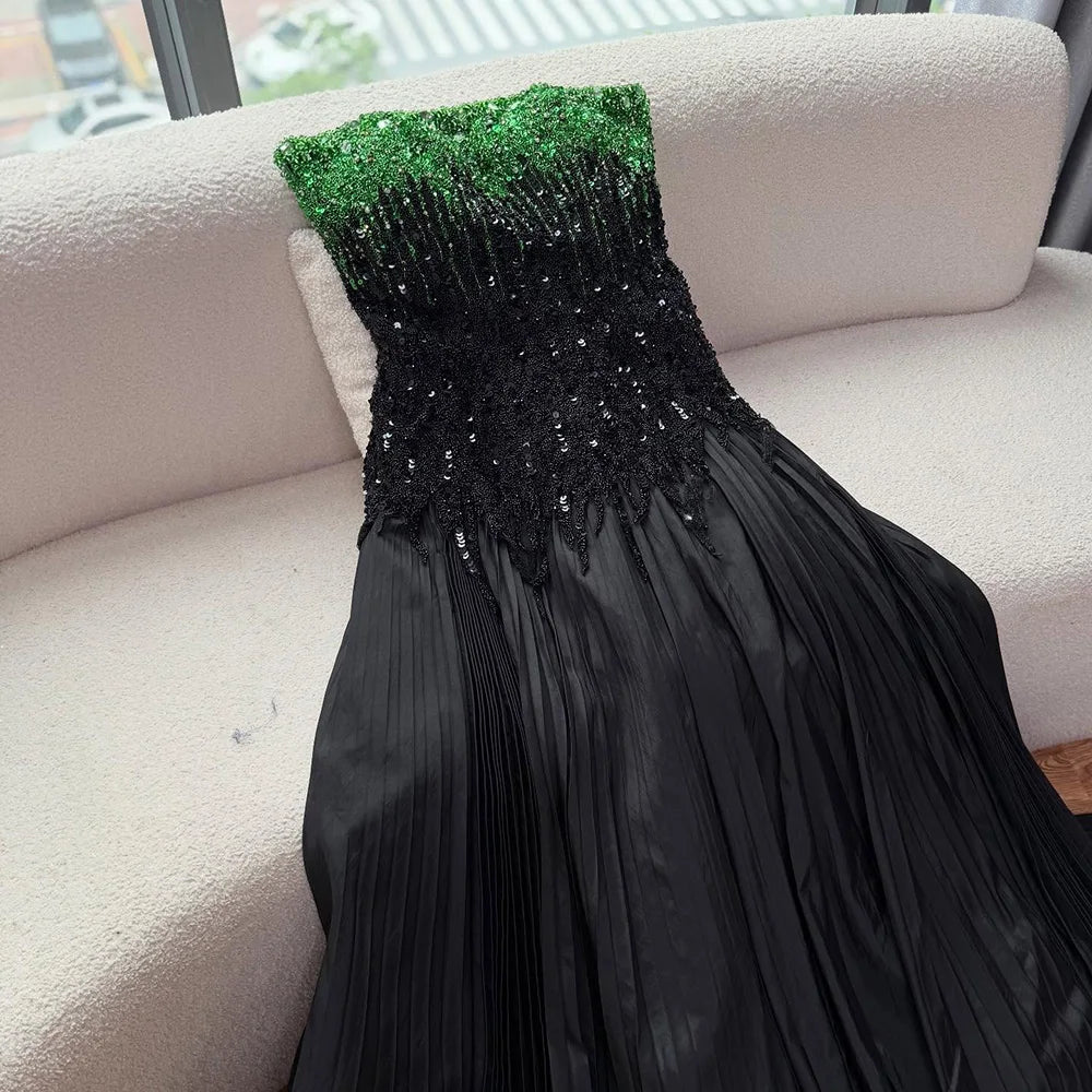Luxury Beaded Black Green Off Shoulder Dubai Evening Dress for Party LA72406 - SERENE HILL