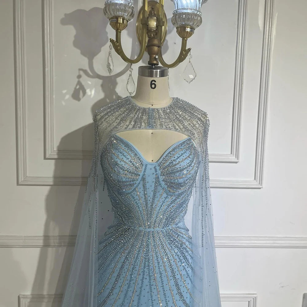 Luxury Blue Beaded Evening Gown with Detachable Cape LA72784 - SERENE HILL