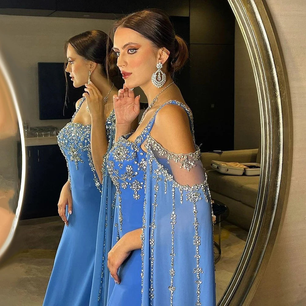 Chic Blue Crystal Evening Dress with Cape Sleeves LA72460 - SERENE HILL