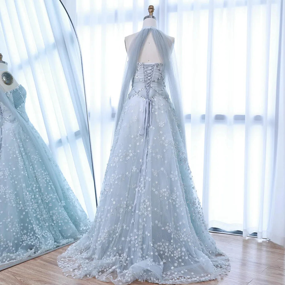 Luxury Dubai Arabic Light Blue Dreamy A-Line Evening Dress LA73099 - SERENE HILL