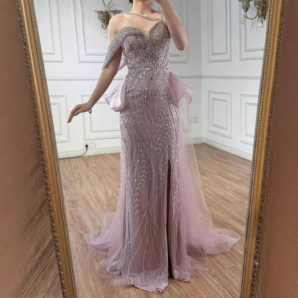 Luxury Nude Beaded Mermaid Evening Gown with Overskirt Split LA72890 - SERENE HILL