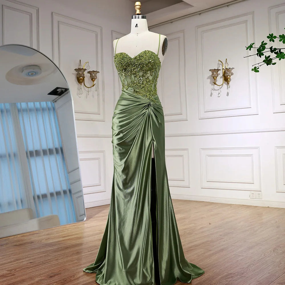 Luxury Sage Green Satin Prom Dress with Slit LA73032 - SERENE HILL