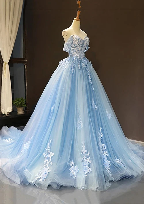 Serene Hill Arabic Blue Ball Gown Off-the-Shoulder Tulle Prom Dress with Appliqués for Women&
