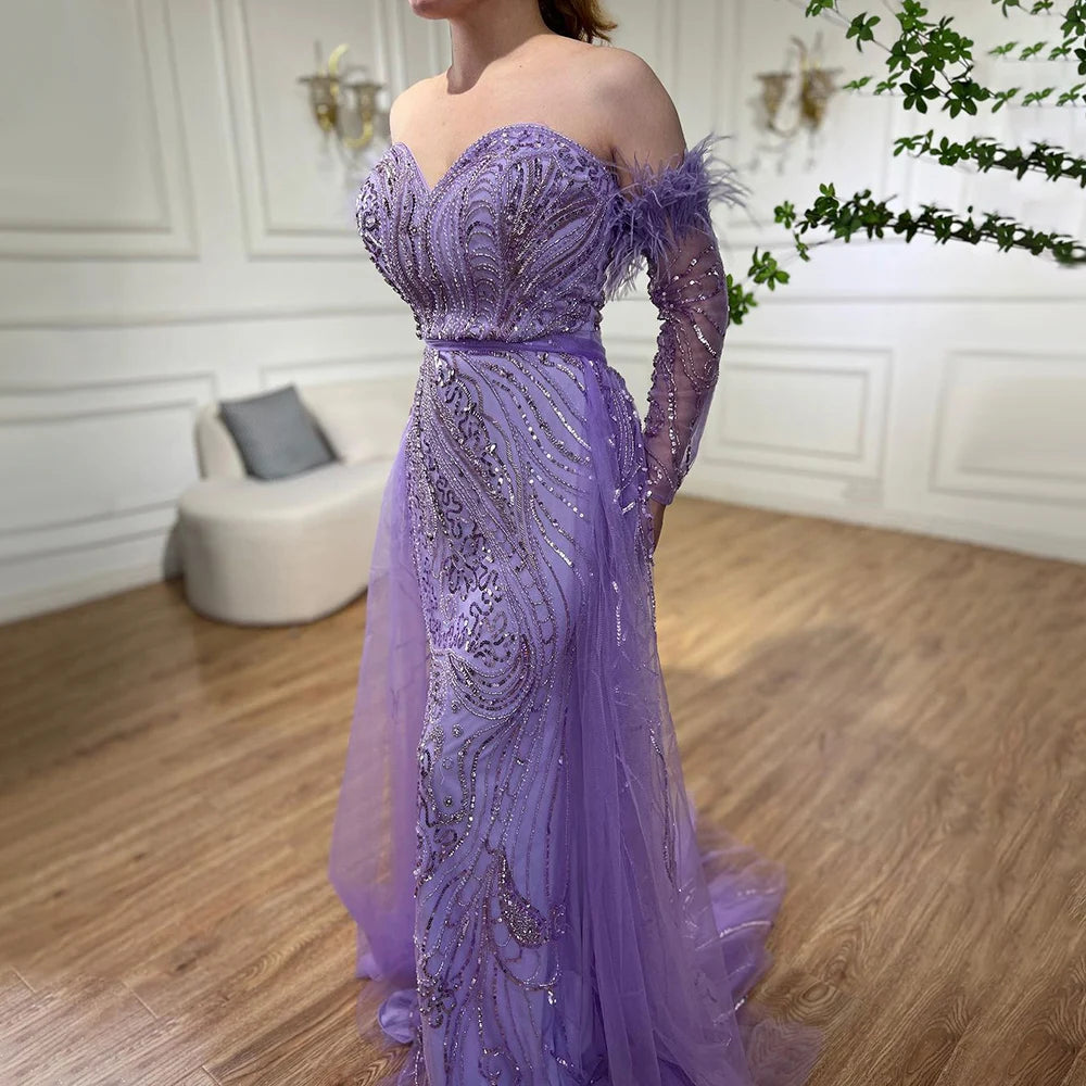 Luxury Arabic Nude Mermaid High Split Feather Beaded Evening Dress LA71910 - SERENE HILL