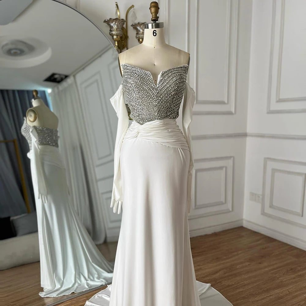 Luxury Dubai Elegant White Arabic Evening Gown with Crystal Beaded Dress and Gloves for Formal Occasion LA72758 - SERENE HILL