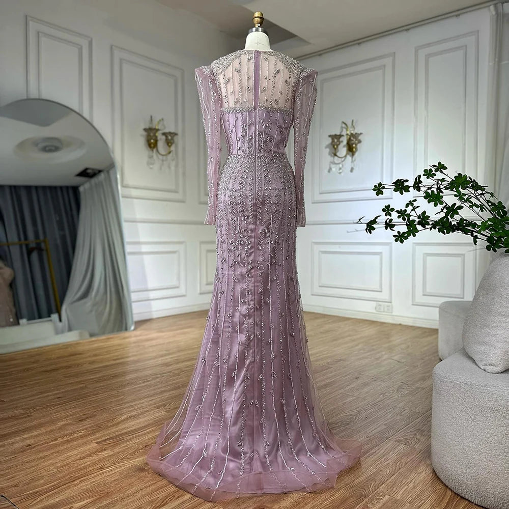 Luxury Dubai Pink Elegant Pearls Beaded Mermaid Evening Dress LA72826 - SERENE HILL