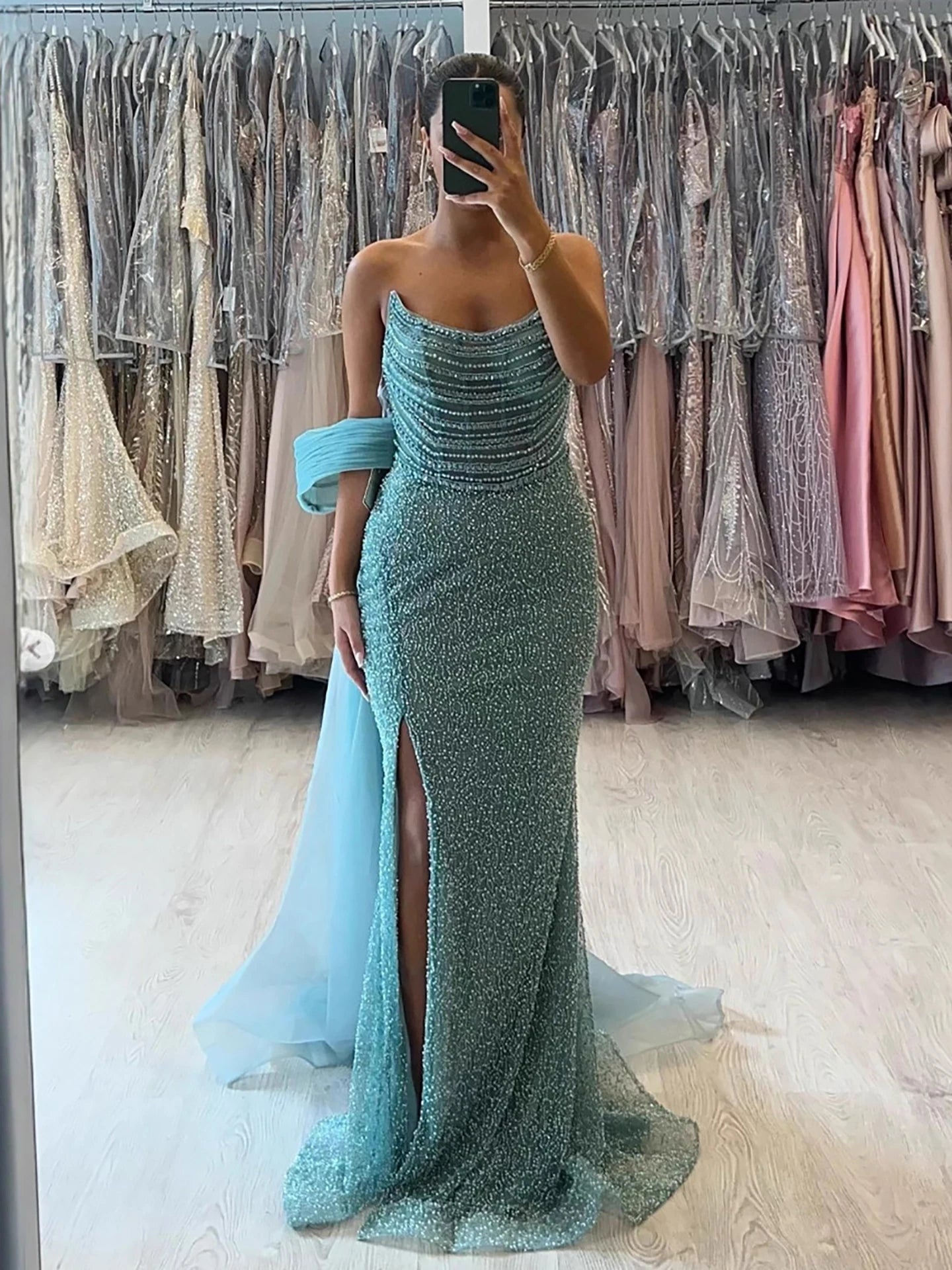 Luxury Evening Dress Nude BeadedSheath Gown With Tulle Train LA73388 - SERENE HILL
