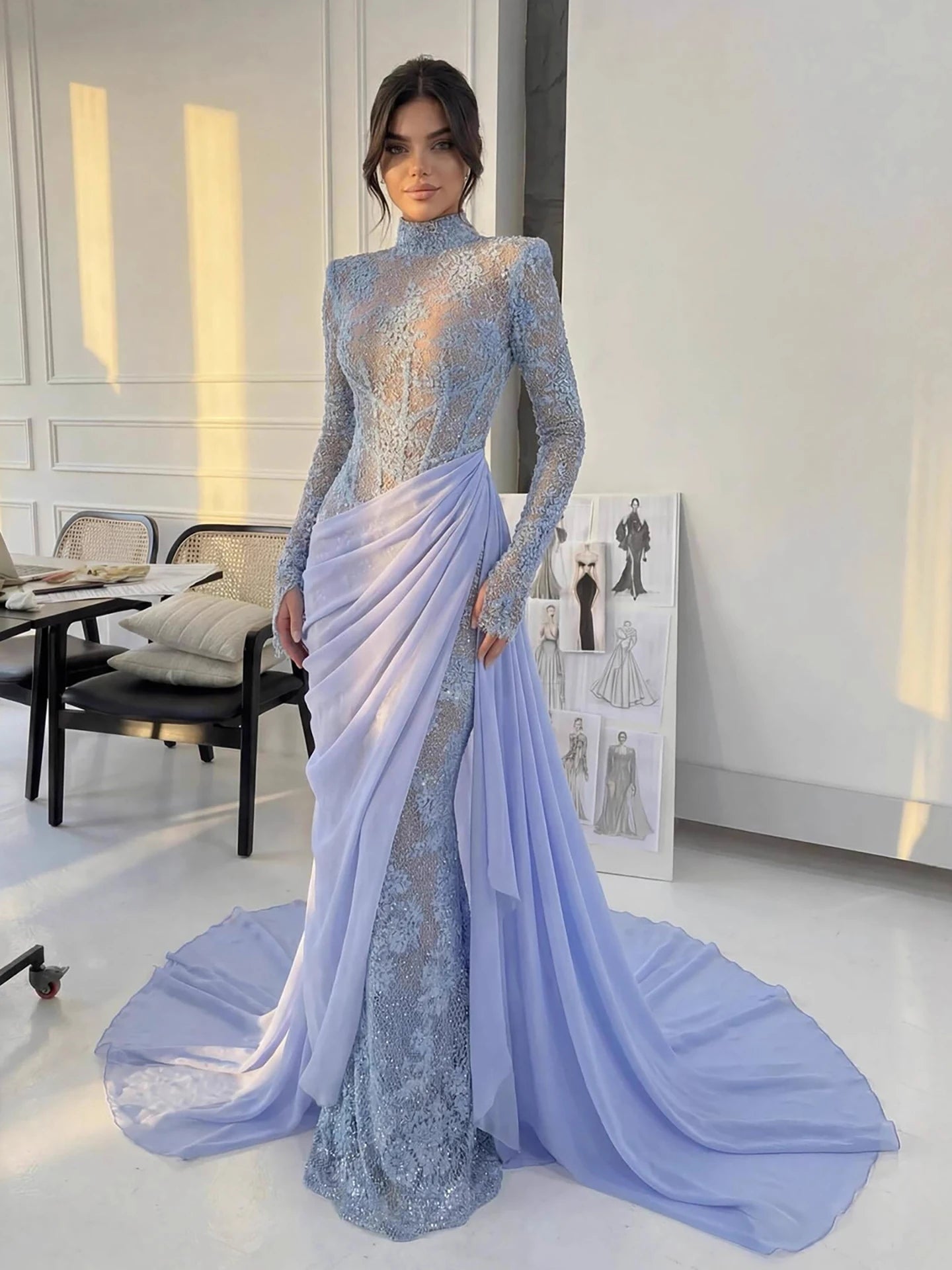 Luxury Blue High Neck Long Sleeves Beaded Mermaid Evening Dress LA73407 - SERENE HILL