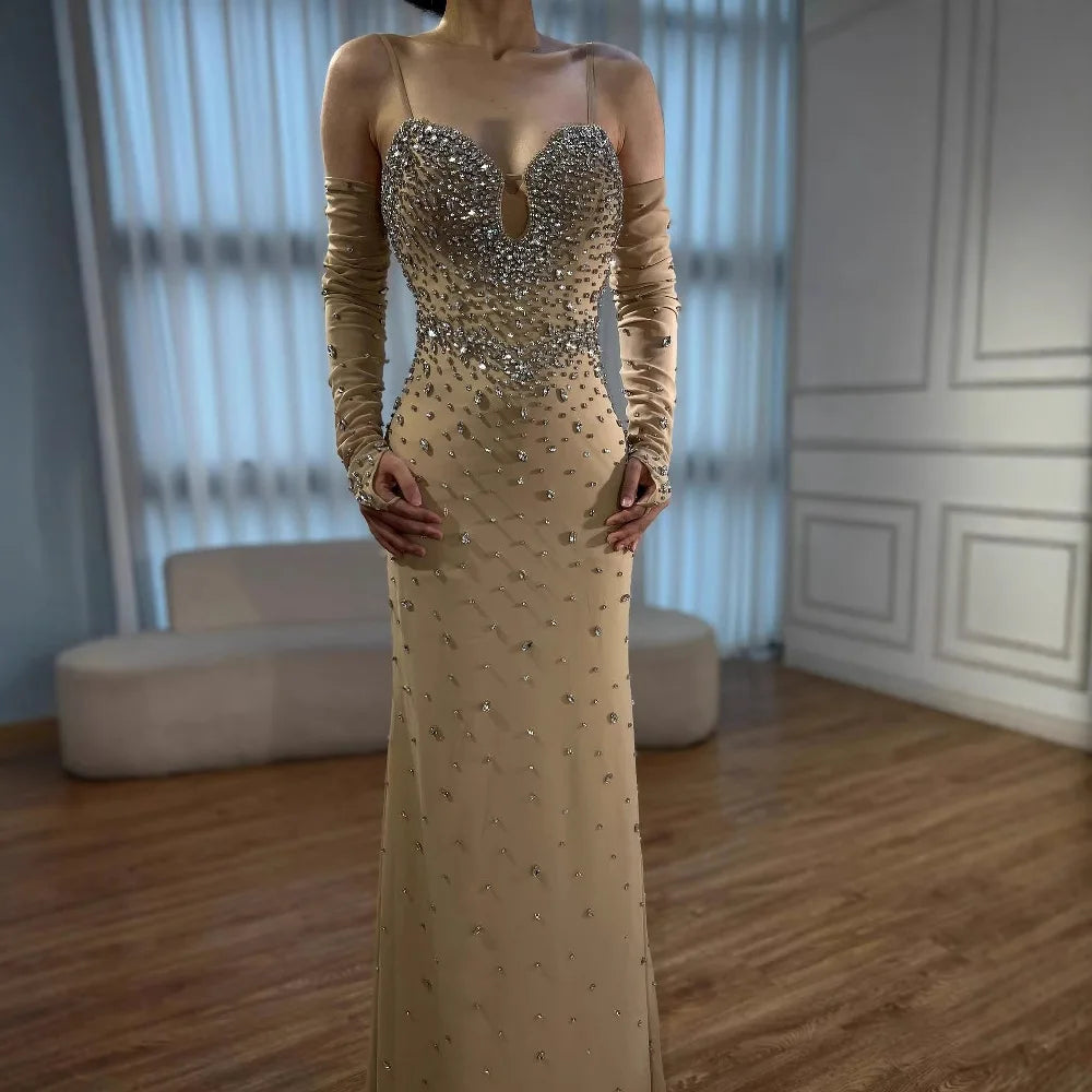 Luxury Nude Beaded Dress with Detachable Sleeves LA73065 - SERENE HILL