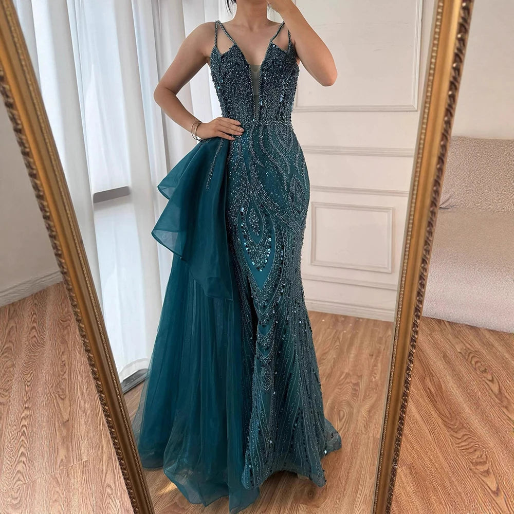 Luxury Green Spaghetti Strap Beaded Mermaid Evening Dress with Overskirt LA72378B - SERENE HILL