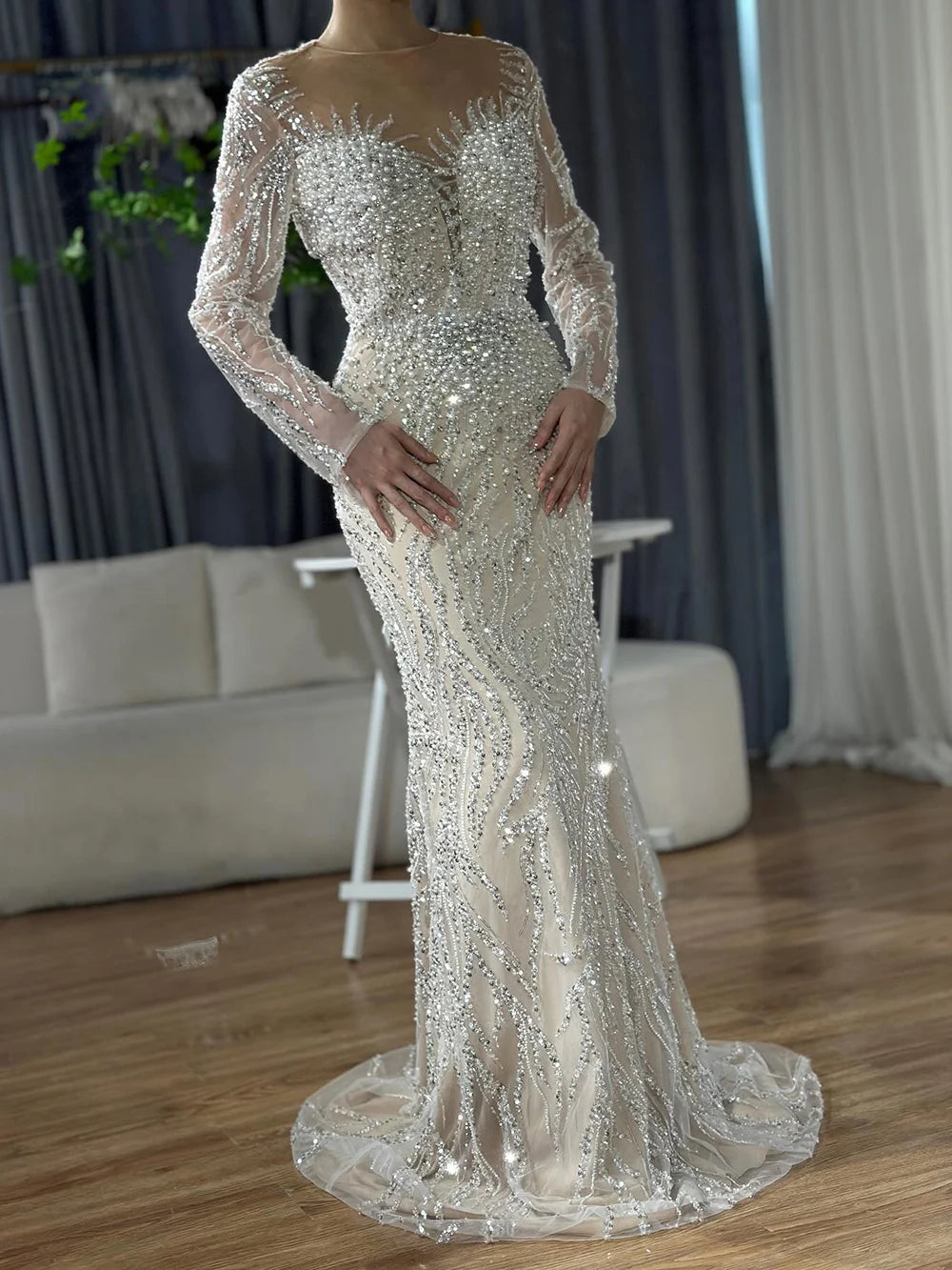Luxury Dubai White Nude Mermaid Evening Dress With Long Sleeve LA72634 - SERENE HILL