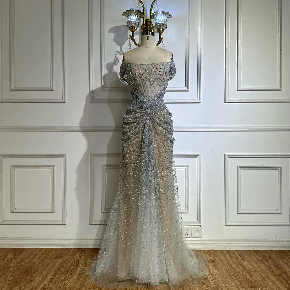 Luxury Designer Beaded Silver Nude Mermaid Evening Dress LA72905 - SERENE HILL