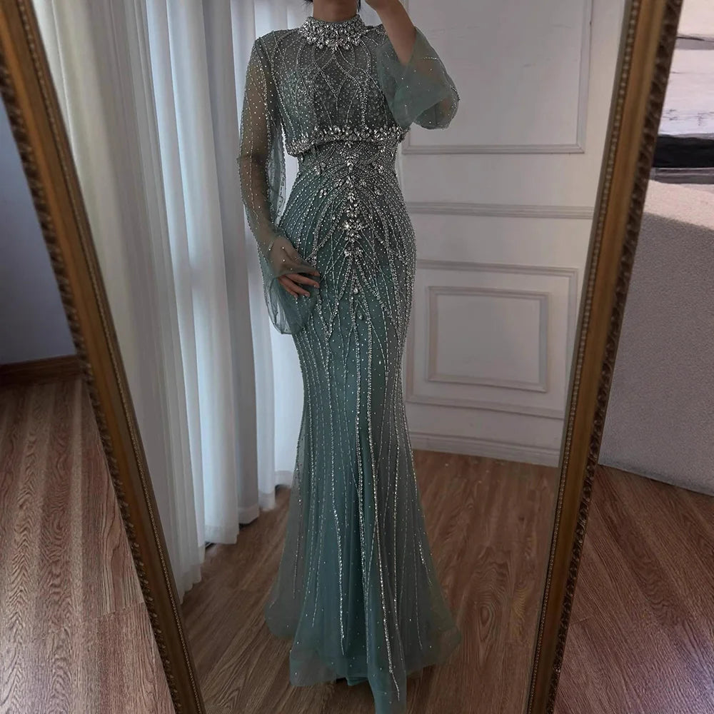 Luxury Turquoise Crystal Beaded Mermaid High Neck Long Sleeve Evening Dress LA73136 - SERENE HILL